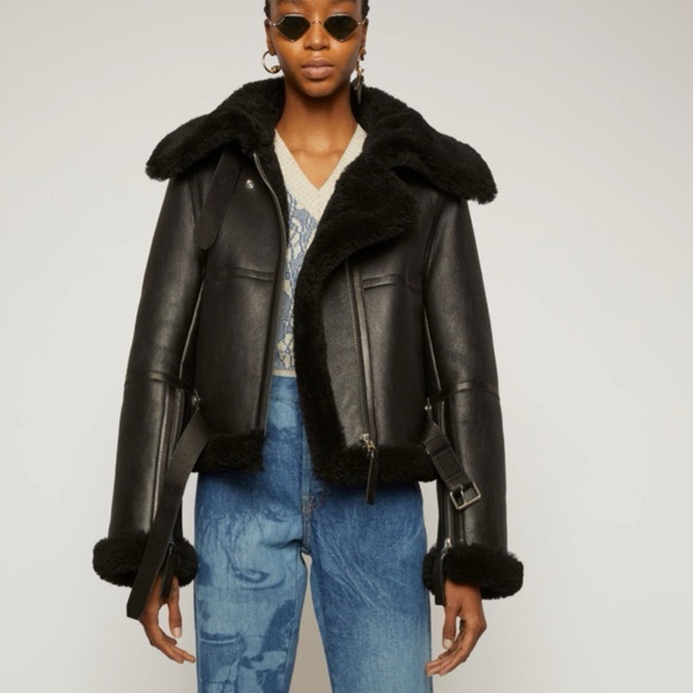 Acne Studios Cropped Shearling Aviator Jacket in Black Size 32
